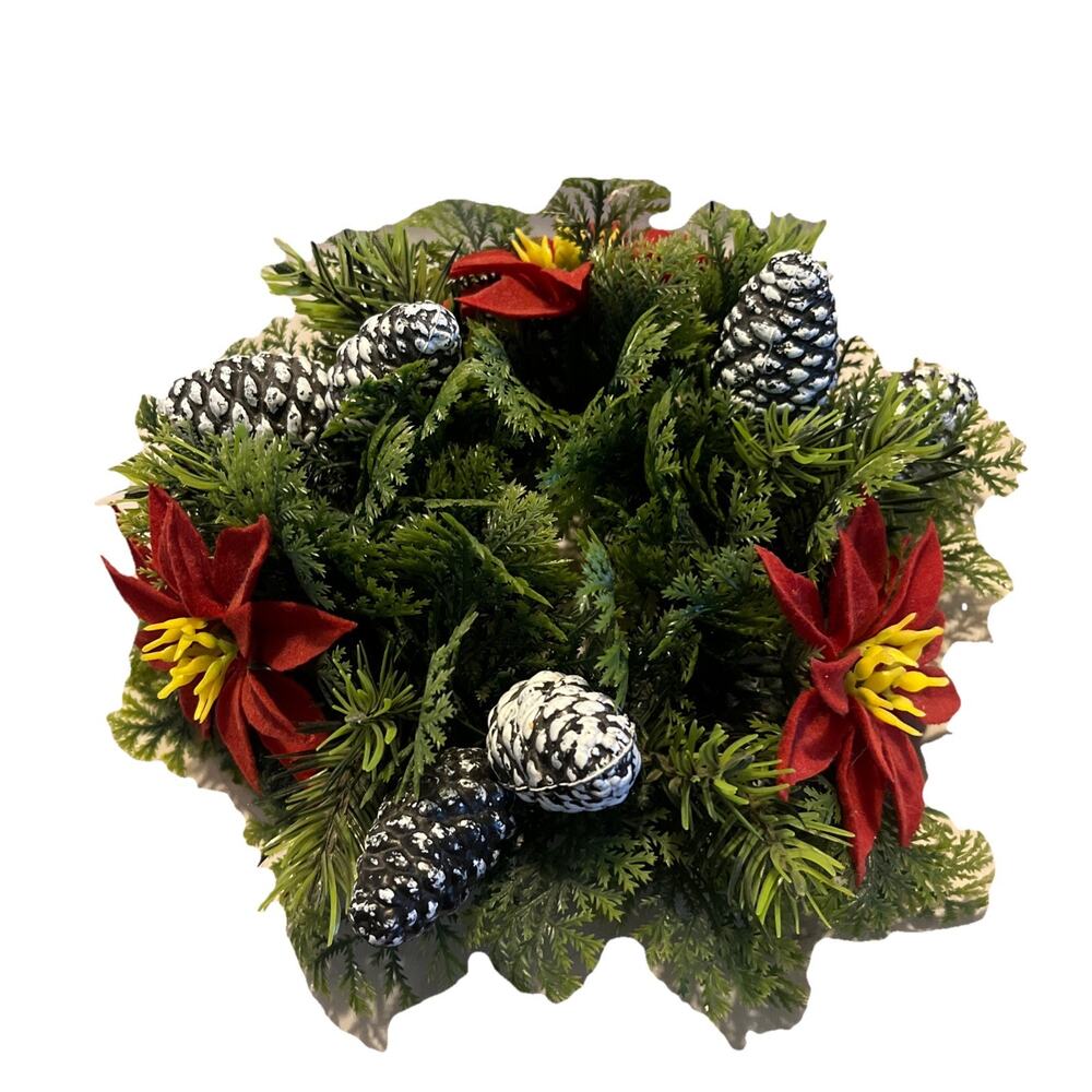 Vintage Christmas Candle Ring Wreath Plastic Poinsettia Pinecones Holiday Decor